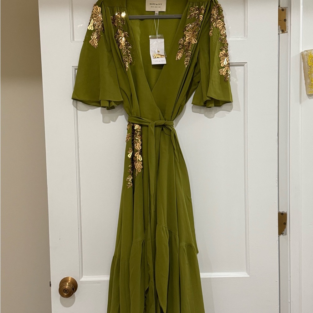Moon River Olive Maxi Dress with Gold Embroidery